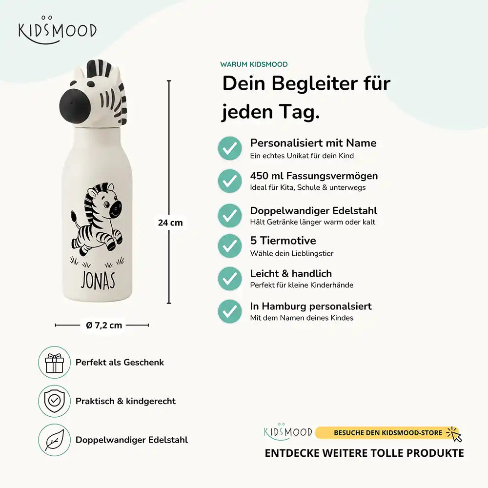 Personalisierte Trinkflasche Kinder Zebra, personalisiert mit Name, Edelstahl