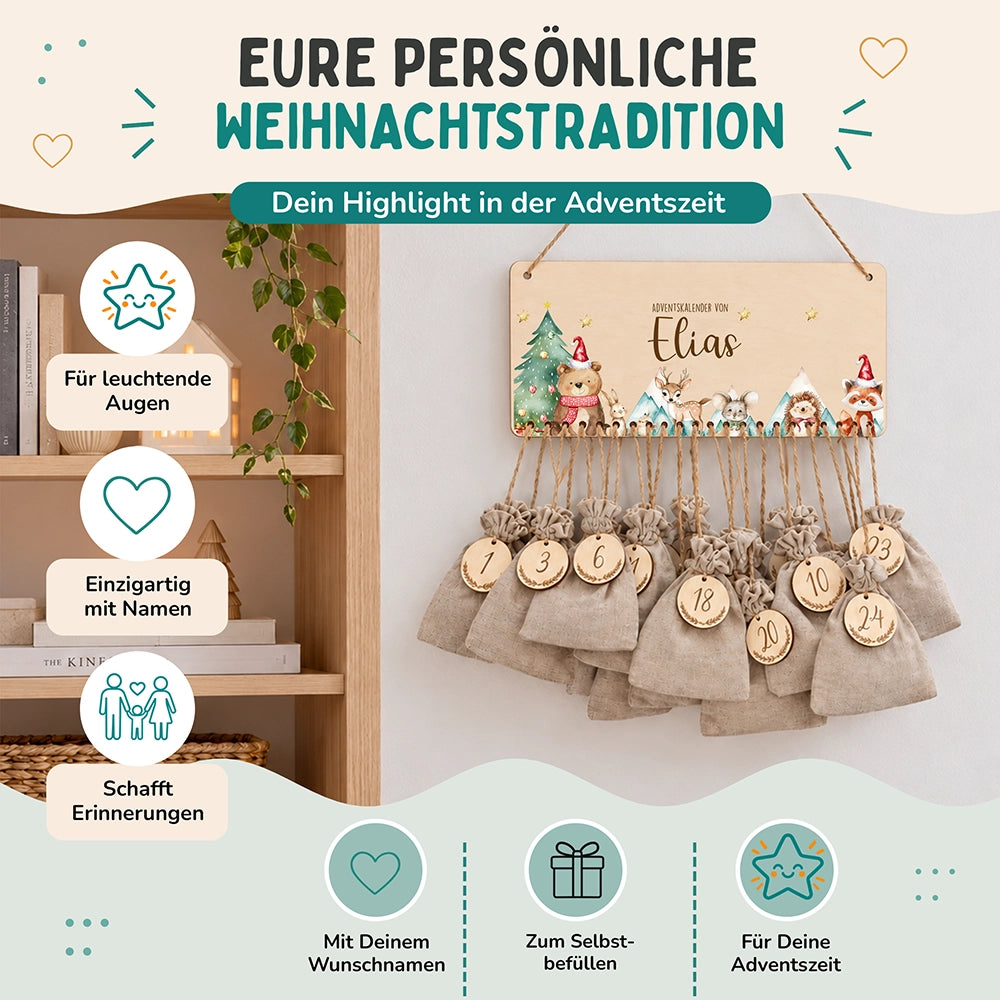 Personalisierbarer Adventskalender farbig - Glückliche Waldtiere
