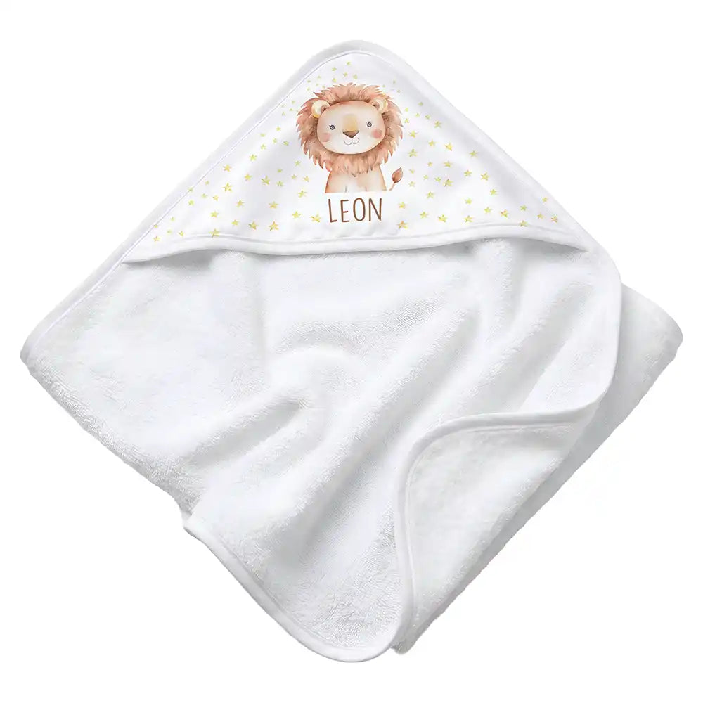 Personalisiertes Kapuzenhandtuch Baby Löwe Sterne â Rattan-Untergrund Produktdetail