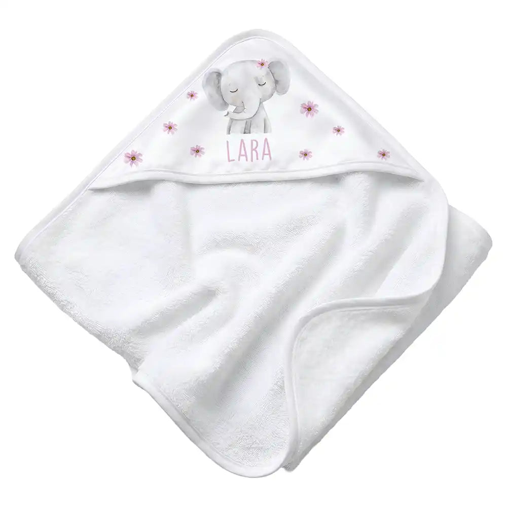 Personalisiertes Kapuzenhandtuch Baby Elefant BlĂŒten â Rattan-Untergrund Produktdetail