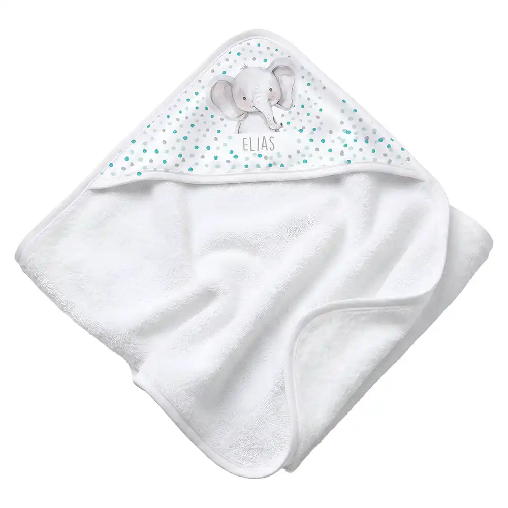 Personalisiertes Kapuzenhandtuch Baby Elefant Konfetti â Rattan-Untergrund Produktdetail