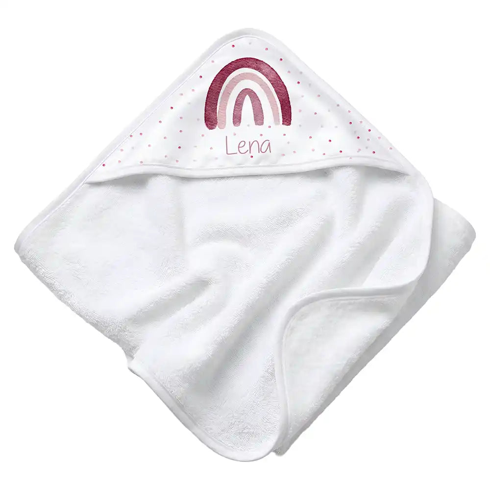 Personalisiertes Kapuzenhandtuch Baby Boho-Regenbogen â Rattan-Untergrund Produktdetail