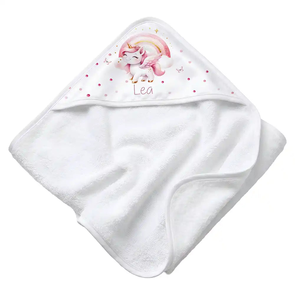 Personalisiertes Kapuzenhandtuch Baby Einhorn Rosa – Rattan-Untergrund Produktdetail