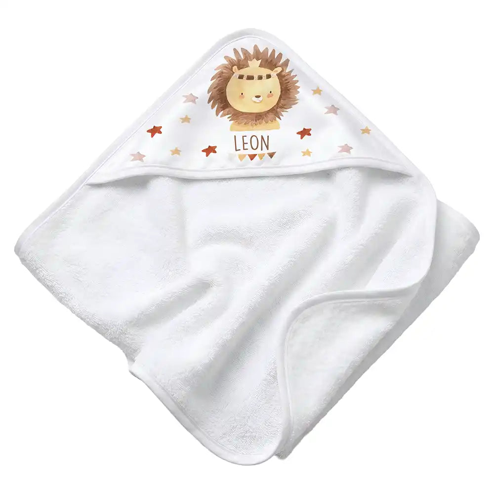 Personalisiertes Kapuzenhandtuch Baby Löwe Krone â Rattan-Untergrund Produktdetail