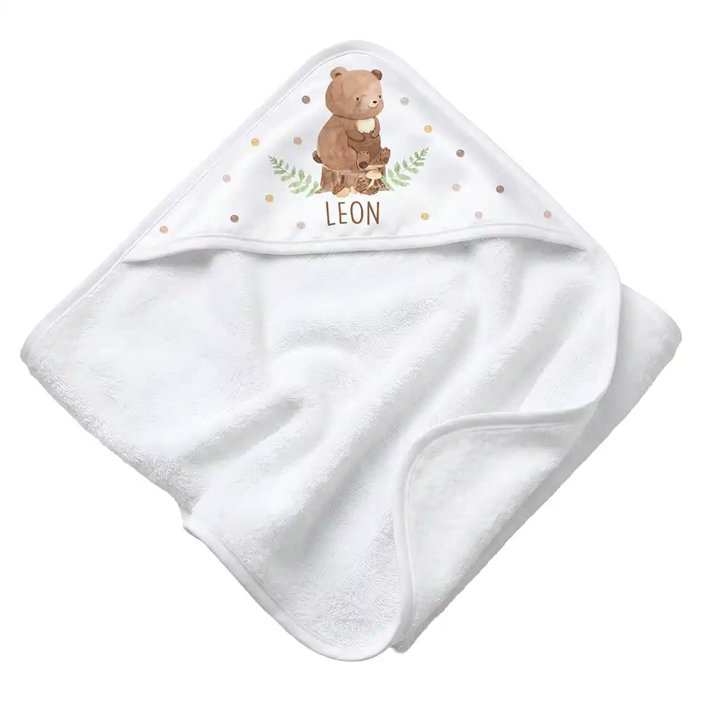 Personalisiertes Kapuzenhandtuch Baby BĂ€r Farn â Rattan-Untergrund Produktdetail