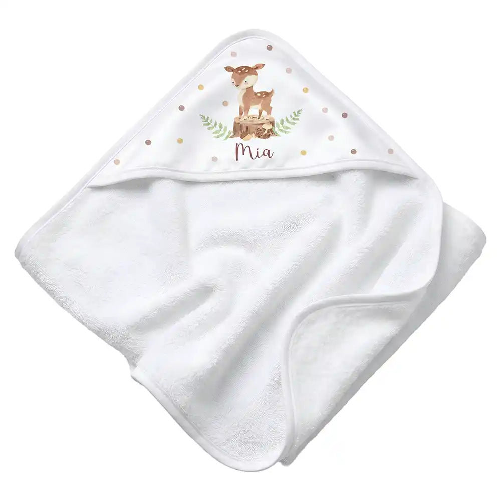 Personalisiertes Kapuzenhandtuch Baby Reh Baumstumpf â Rattan-Untergrund Produktdetail