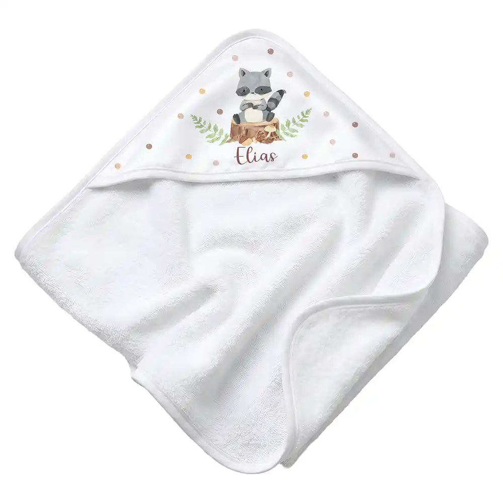 Personalisiertes Kapuzenhandtuch Baby WaschbĂ€r Wald â Rattan-Untergrund Produktdetail