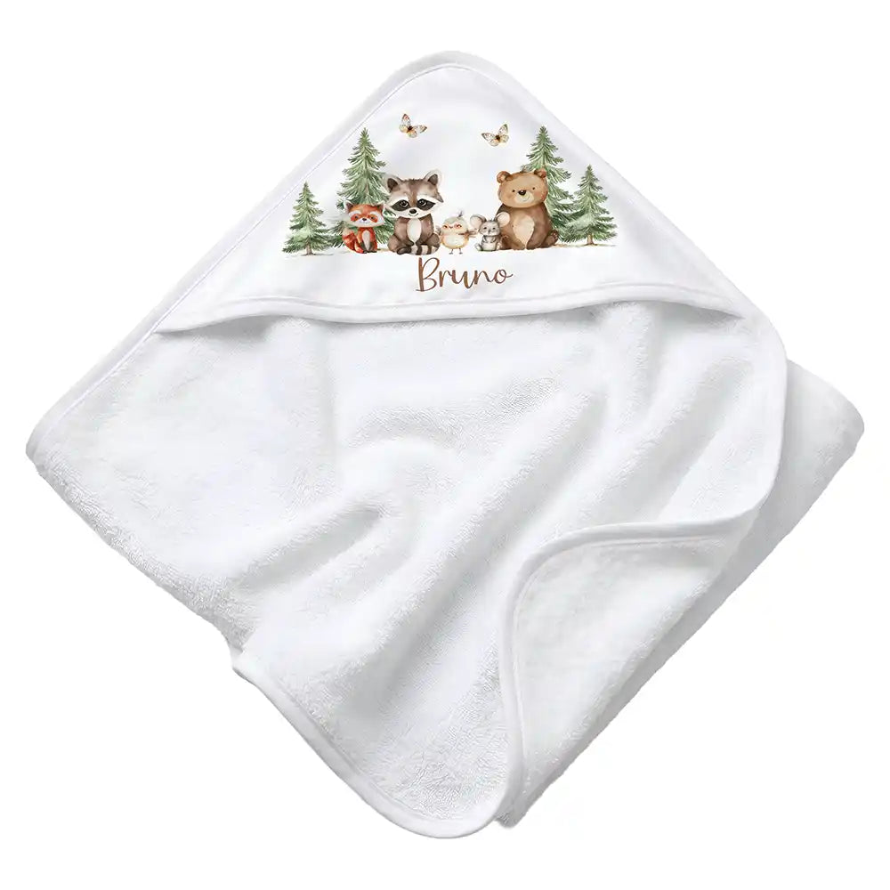 Personalisiertes Kapuzenhandtuch Baby Waldfreunde Bande â Rattan-Untergrund Produktdetail