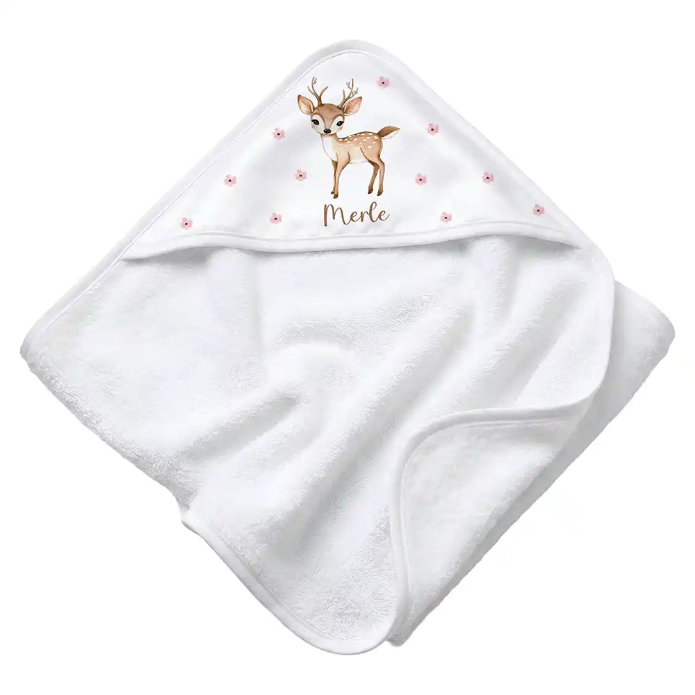 Personalisiertes Kapuzenhandtuch Baby Reh BlĂŒten â Rattan-Untergrund Produktdetail
