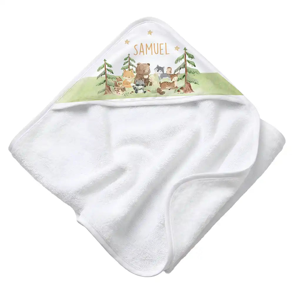Personalisiertes Kapuzenhandtuch Baby Waldwiese Tiere â Rattan-Untergrund Produktdetail