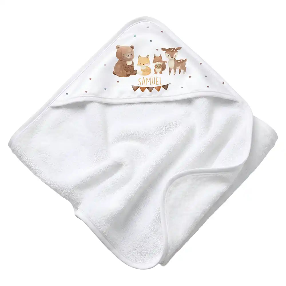 Personalisiertes Kapuzenhandtuch Baby Waldtiere Wimpel â Rattan-Untergrund Produktdetail