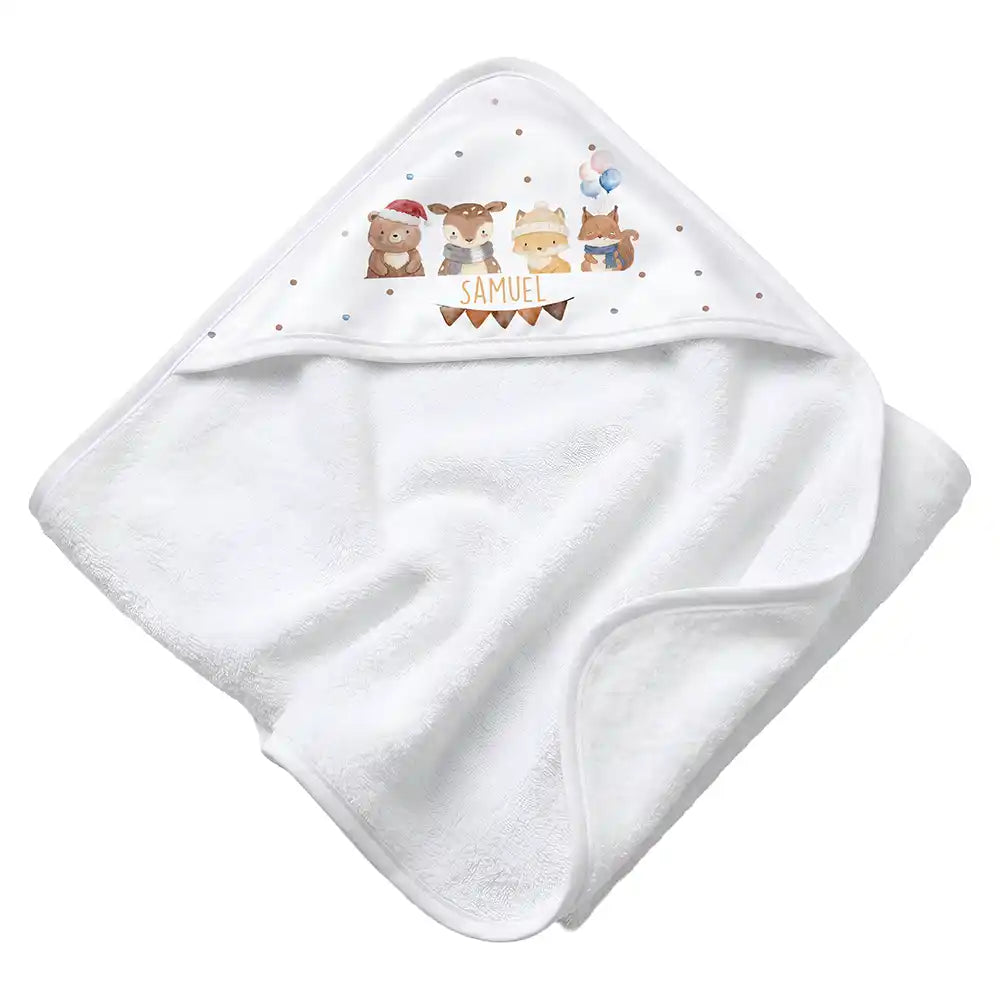 Personalisiertes Kapuzenhandtuch Baby Winter Waldfreunde â Rattan-Untergrund Produktdetail