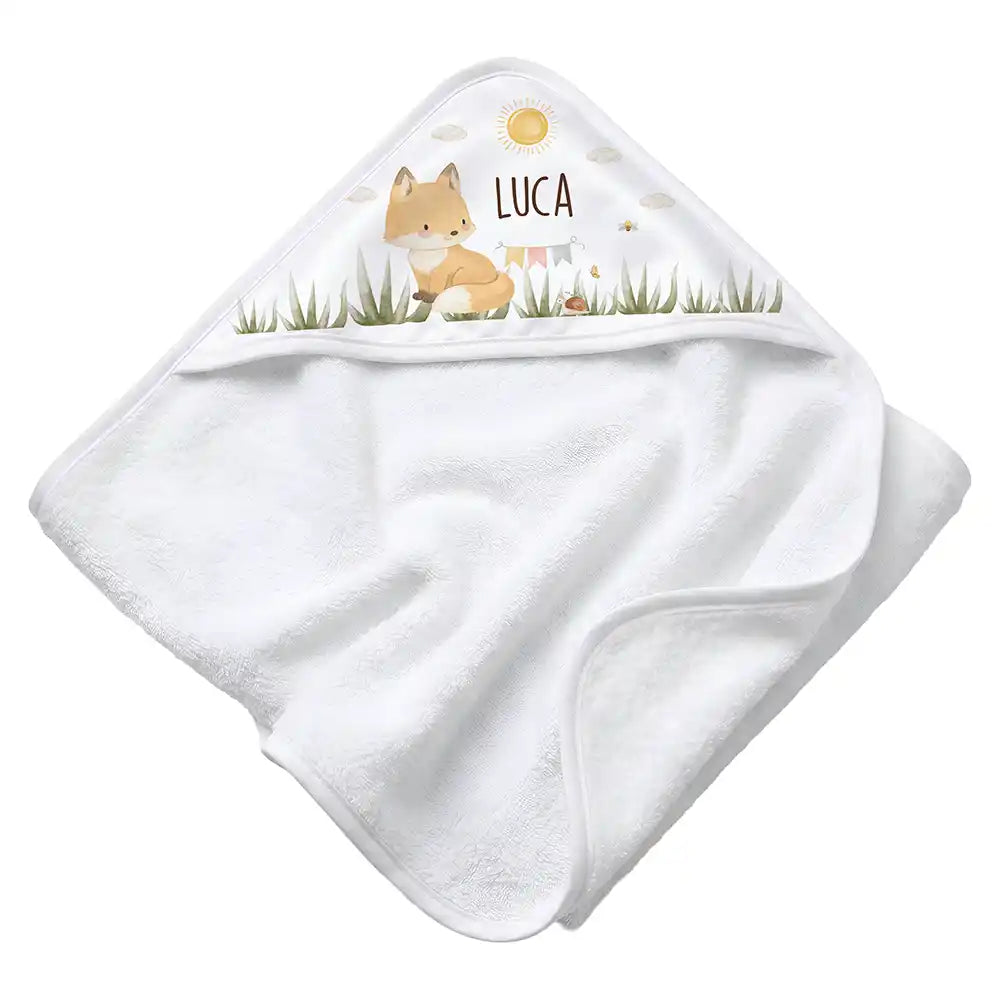Personalisiertes Kapuzenhandtuch Baby Fuchs Wiese â Rattan-Untergrund Produktdetail
