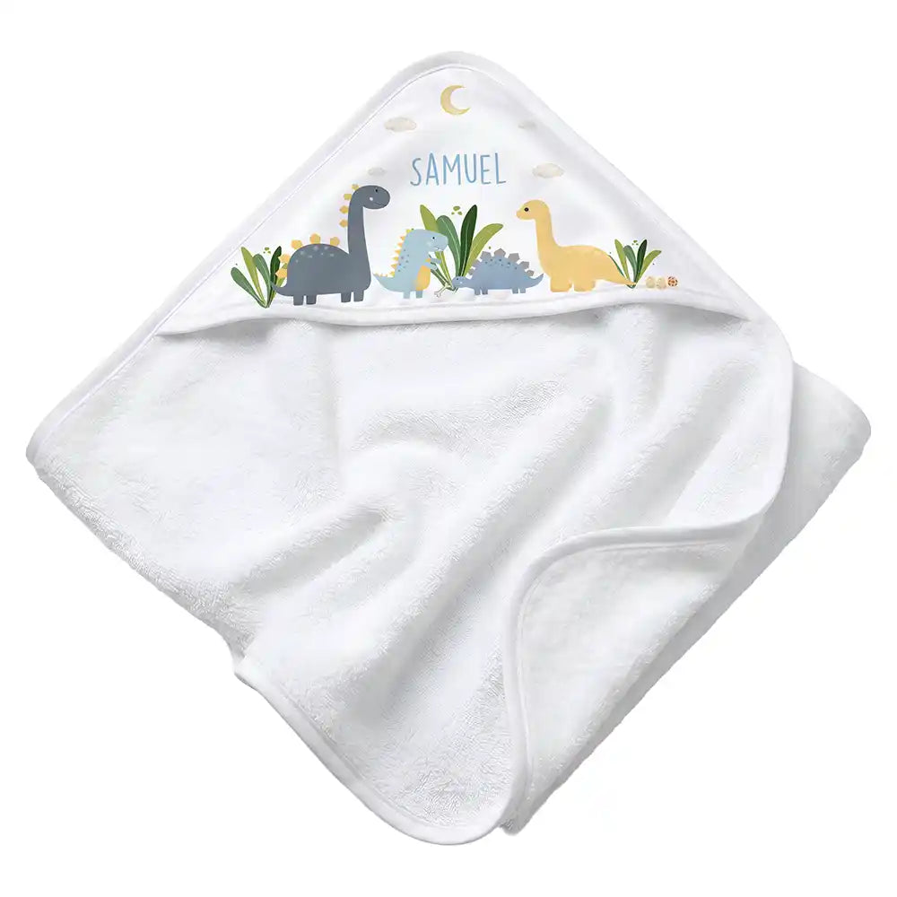 Personalisiertes Kapuzenhandtuch Baby Dinosaurier Mond â Rattan-Untergrund Produktdetail