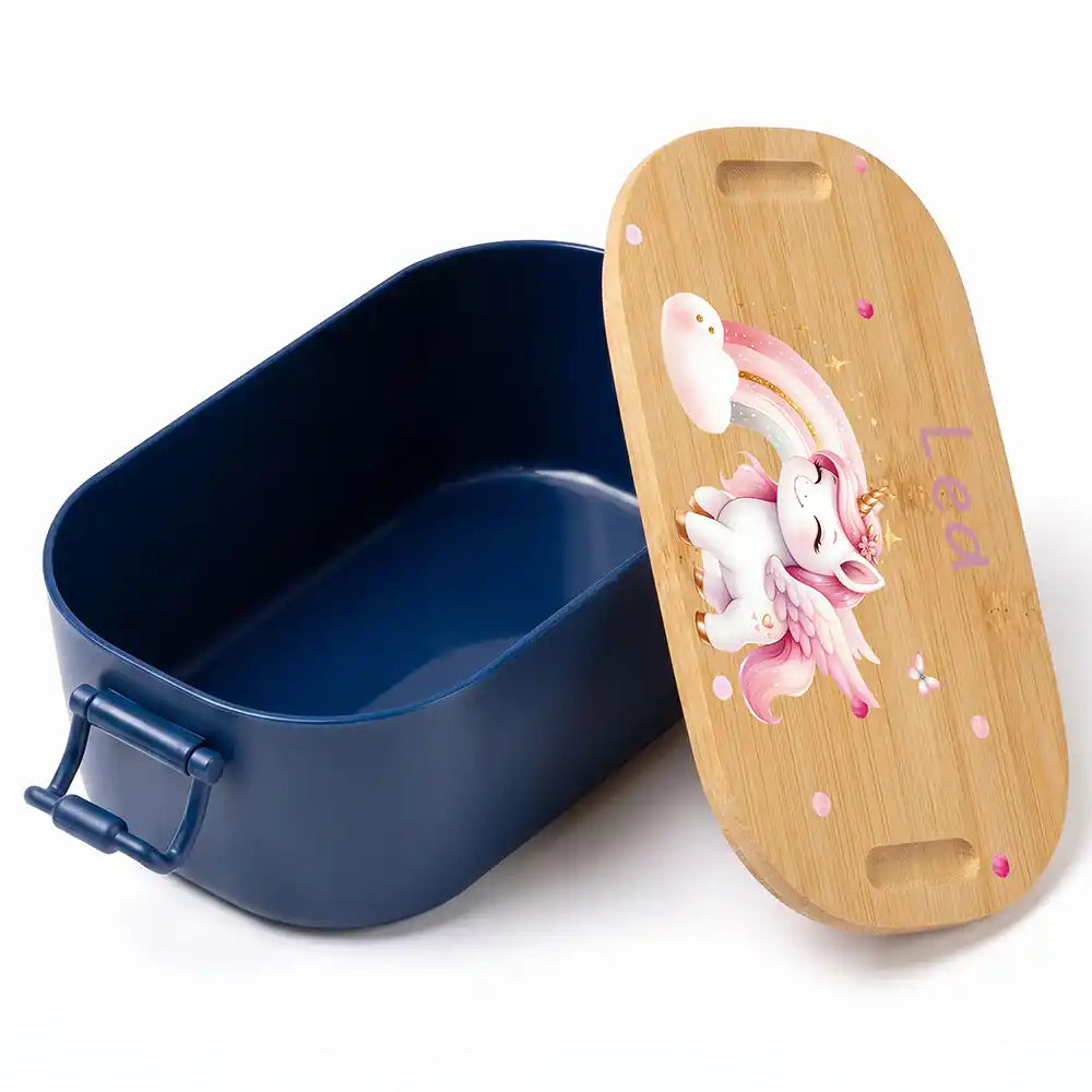 Brotdose Kinder personalisiert Einhorn Regenbogen, Volumen 1 Liter mit Bambusdeckel