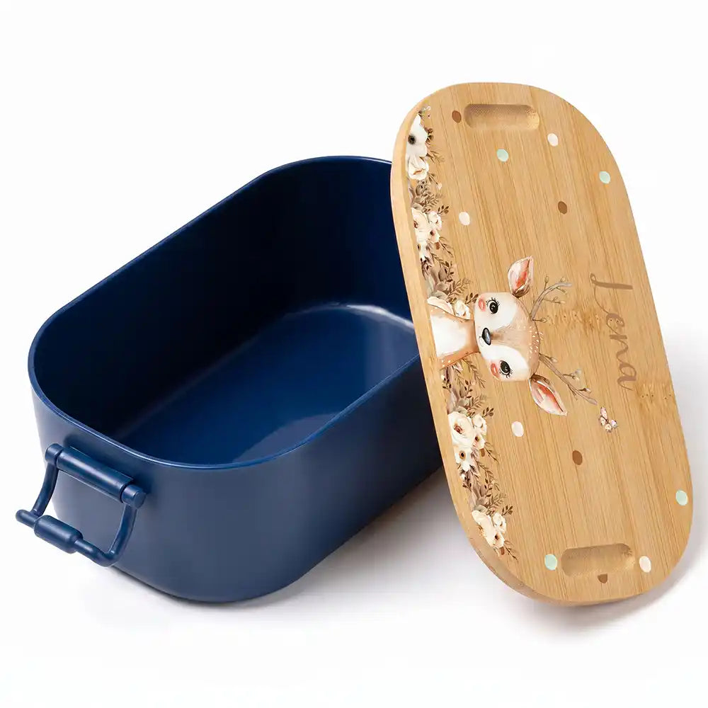 Brotdose Kinder personalisiert Rehkitz Boho, Volumen 1 Liter mit Bambusdeckel