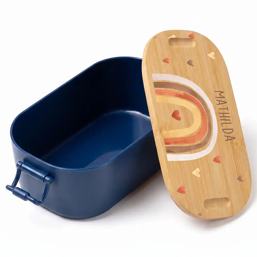 Brotdose Kinder personalisiert Boho Regenbogen, Volumen 1 Liter mit Bambusdeckel