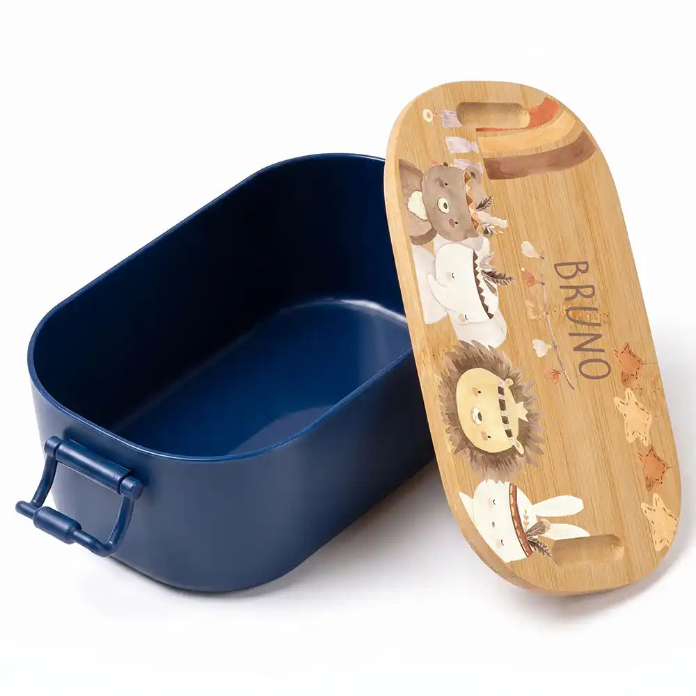 Brotdose Kinder personalisiert Safari Boho, Volumen 1 Liter mit Bambusdeckel