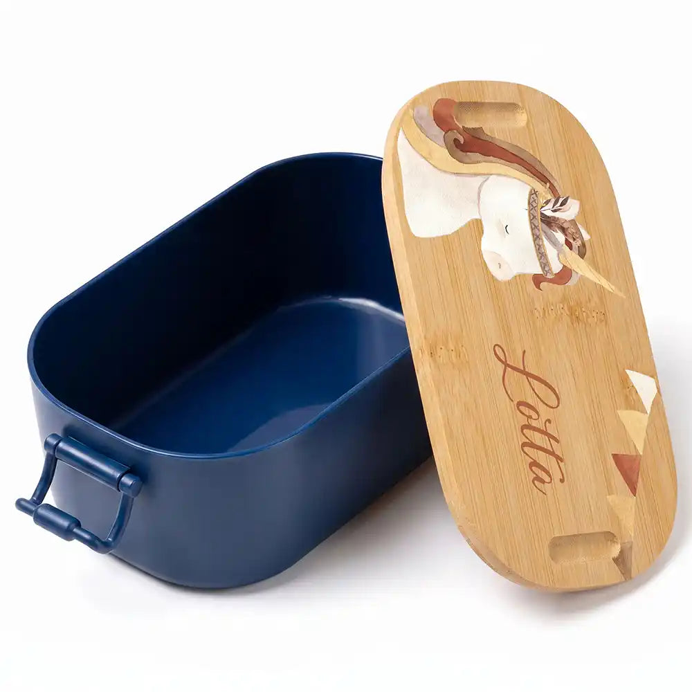 Brotdose Kinder personalisiert Einhorn Boho, Volumen 1 Liter mit Bambusdeckel