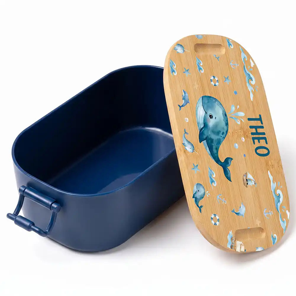 Brotdose Kinder personalisiert Wal und Delfin, Volumen 1 Liter mit Bambusdeckel
