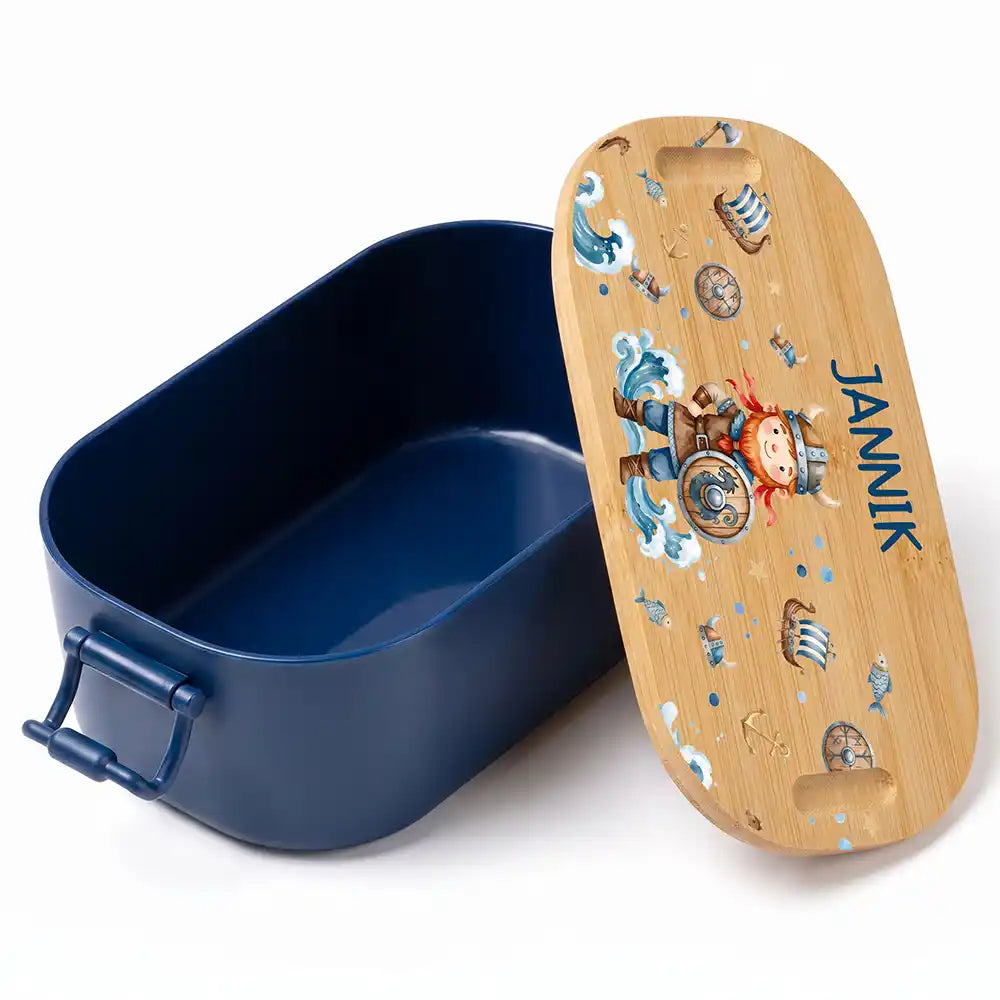 Brotdose Kinder personalisiert Wikinger, Volumen 1 Liter mit Bambusdeckel