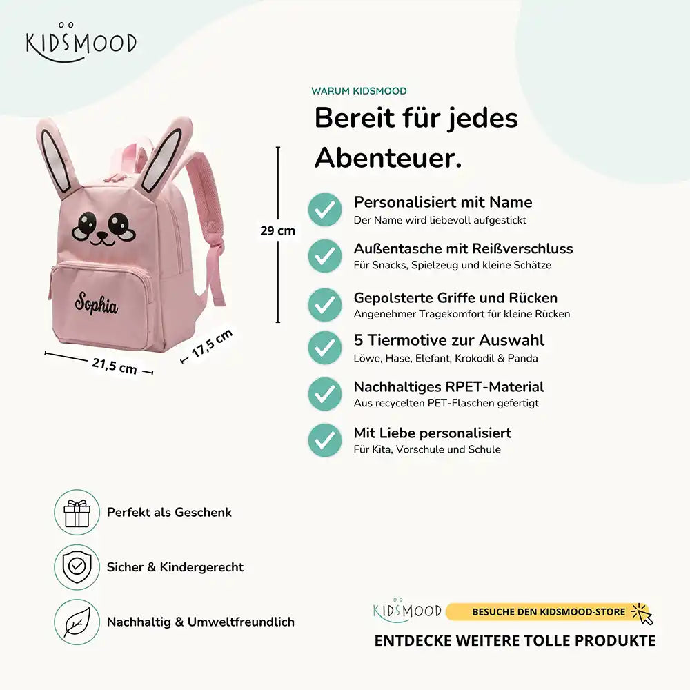 Personalisierter Kinderrucksack Hase, personalisiert mit Namen für die Kita