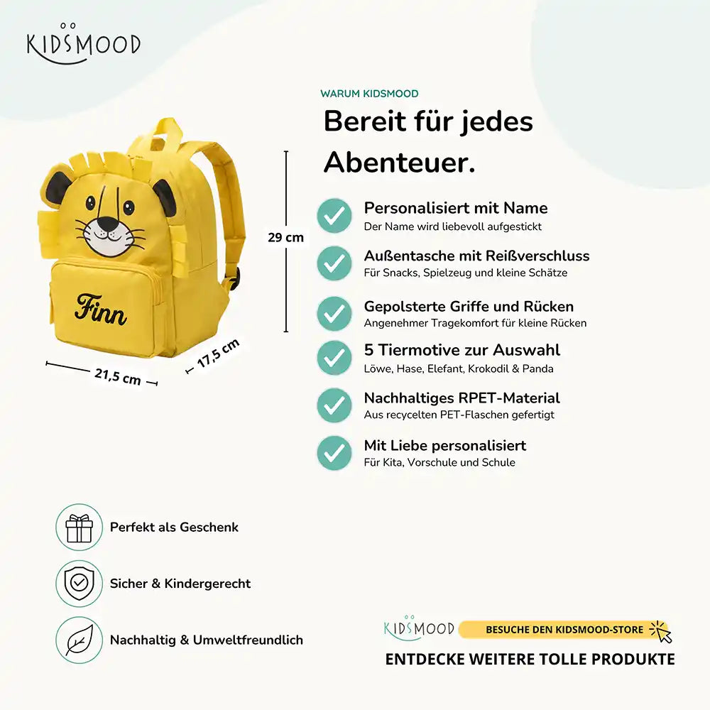 Personalisierter Kinderrucksack Löwe, personalisiert mit Namen fĂŒr die Kita
