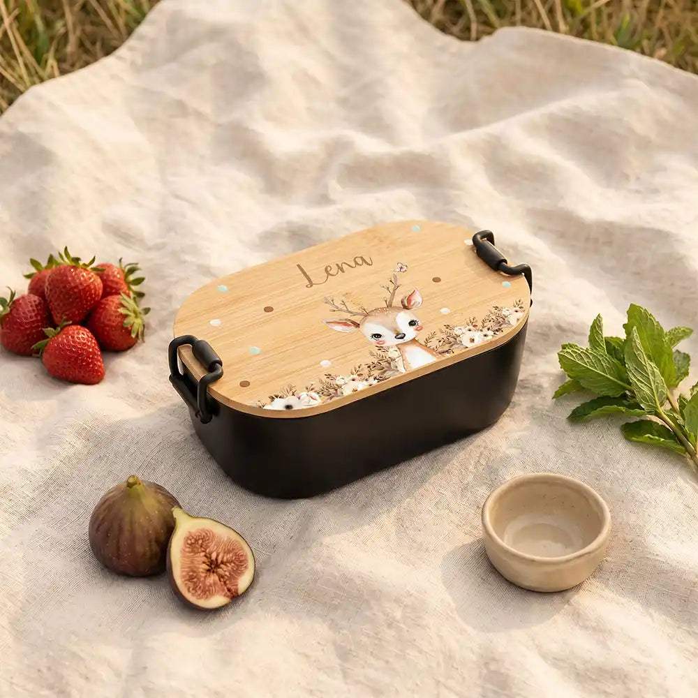 Brotdose Kinder personalisiert Rehkitz Boho, Brotdose schwarz in der Kita mit Wunschname