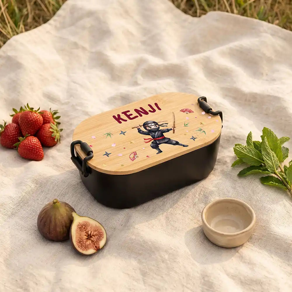 Brotdose Kinder personalisiert Ninja, Brotdose schwarz in der Kita mit Wunschname