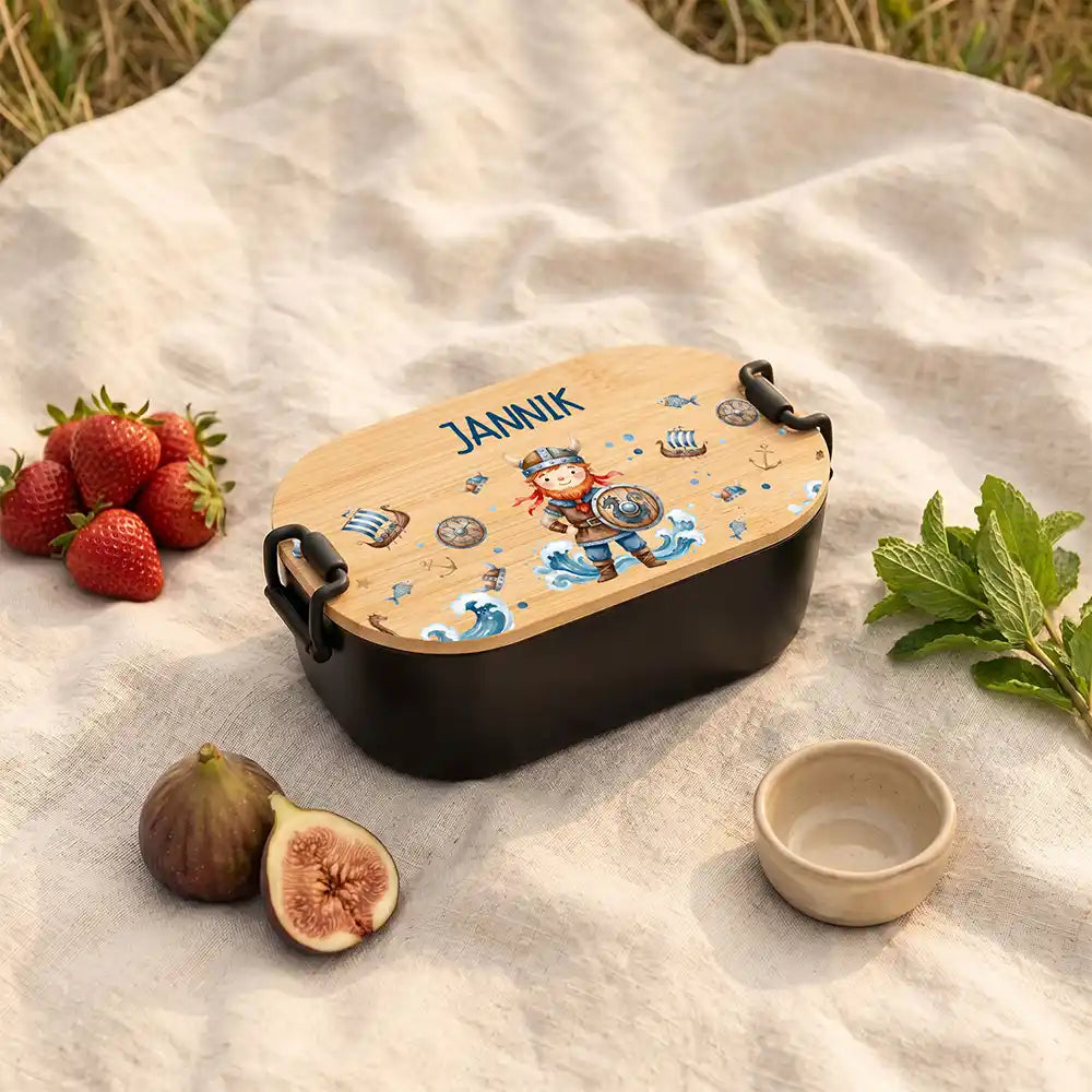 Brotdose Kinder personalisiert Wikinger, Brotdose schwarz in der Kita mit Wunschname