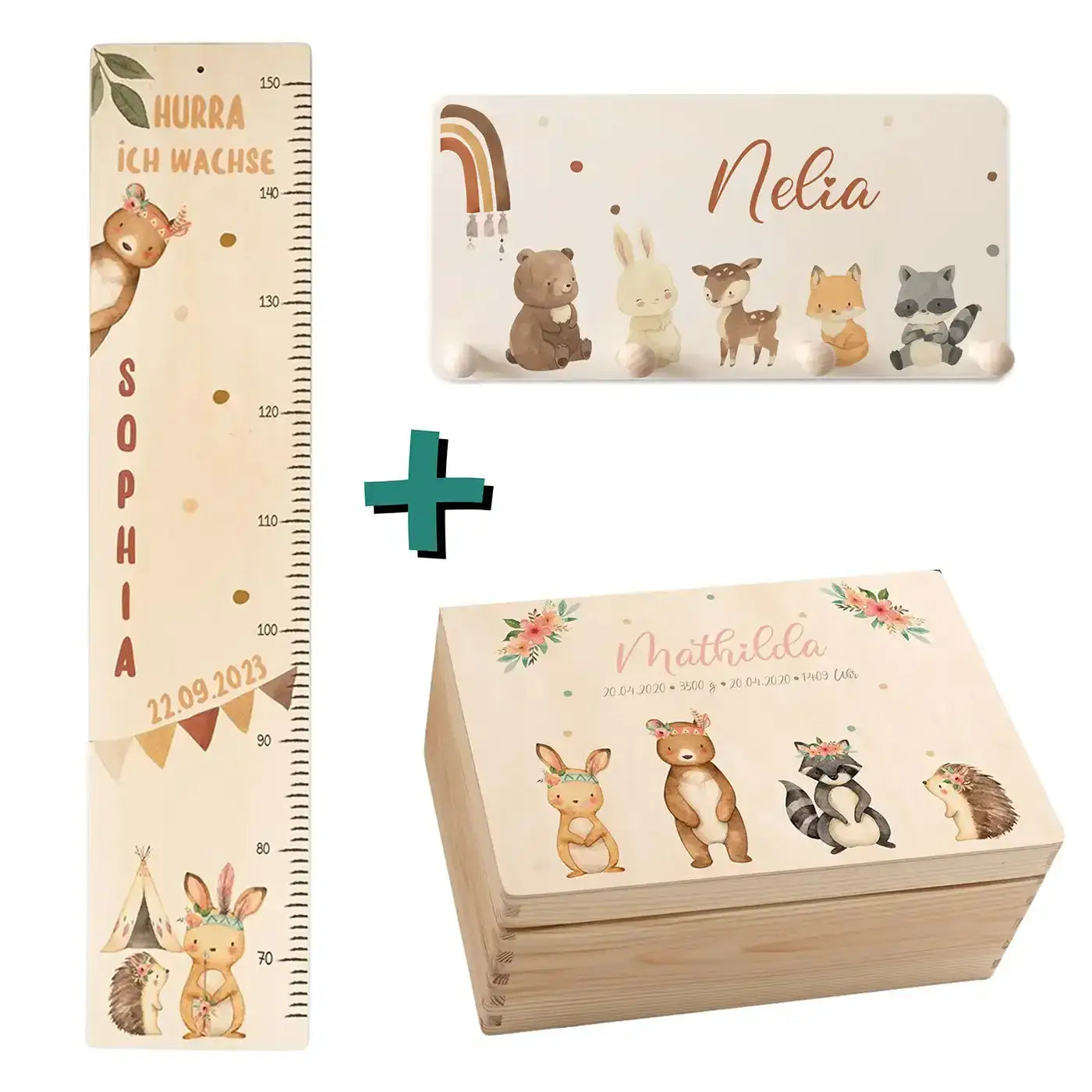 Erste Schritte Bundles- Boho Tierfamilie: Messlatte, Kindergarderobe, Erinnerungsbox