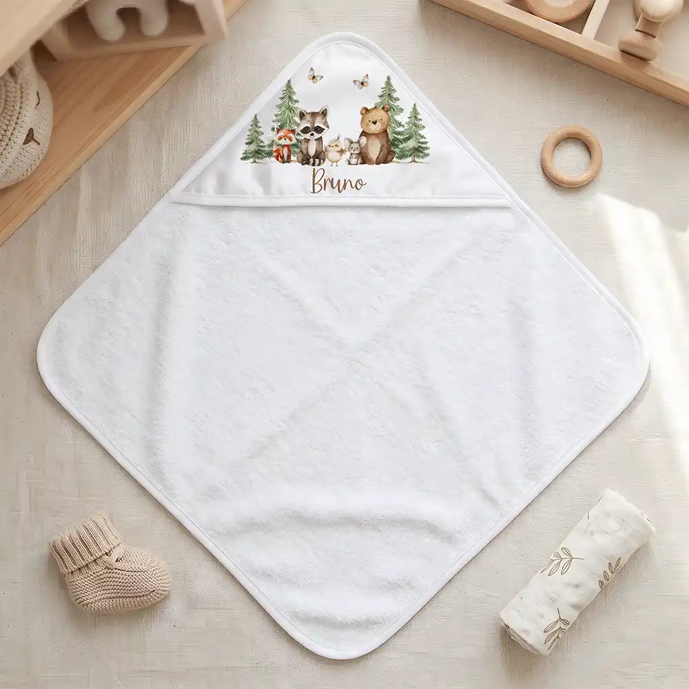 Personalisiertes Kapuzenhandtuch Baby Waldfreunde Bande â Freisteller 80Ă80 cm Topdown