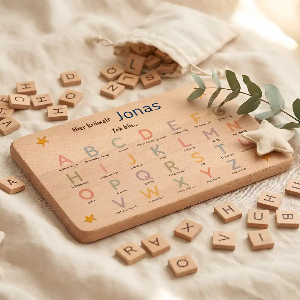 ABC Brettchen Kinder personalisiert Sterne pastell – ABC-Buchstaben Detail