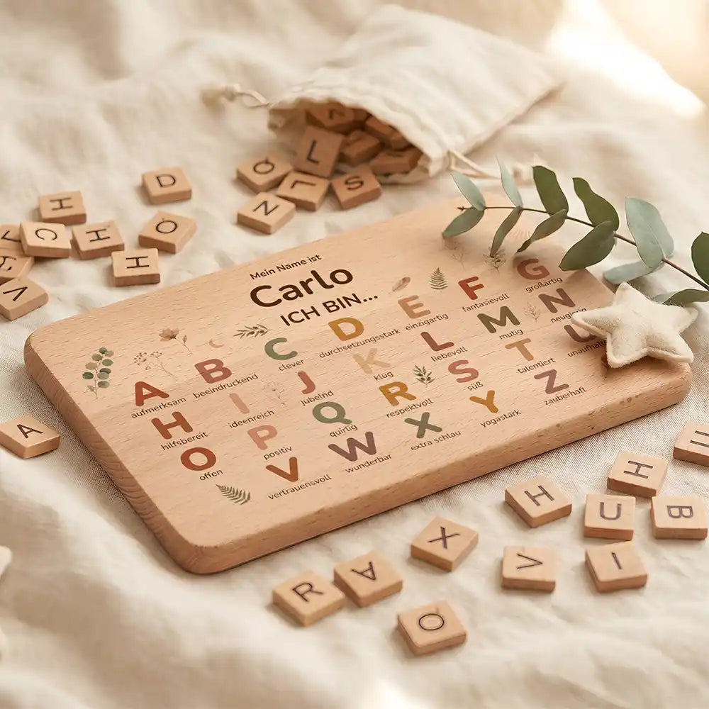 ABC Brettchen Kinder personalisiert Wald-Tiere Pilze – ABC-Buchstaben Detail