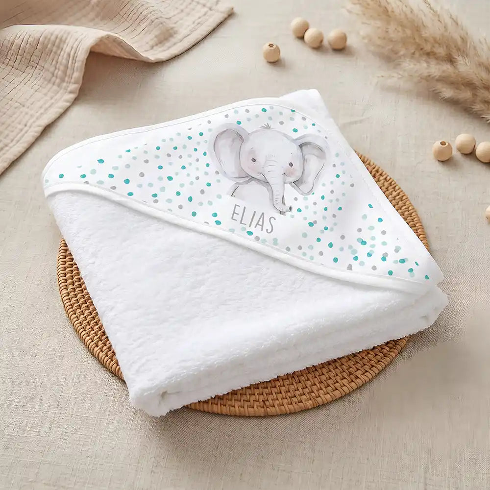 Kidsmood Familienbetrieb Hamburg â Personalisiertes Kapuzenhandtuch Baby Elefant Konfetti