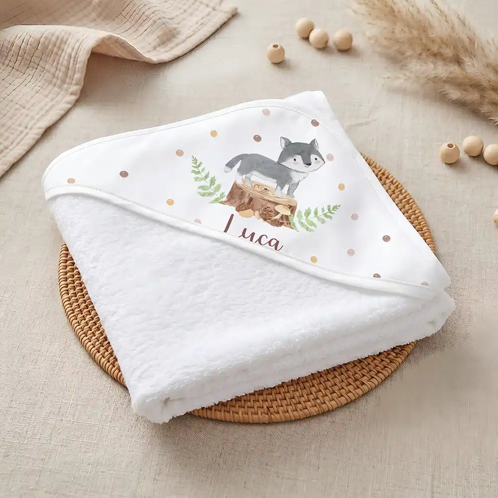 Kidsmood Familienbetrieb Hamburg â Personalisiertes Kapuzenhandtuch Baby Wolf Wald