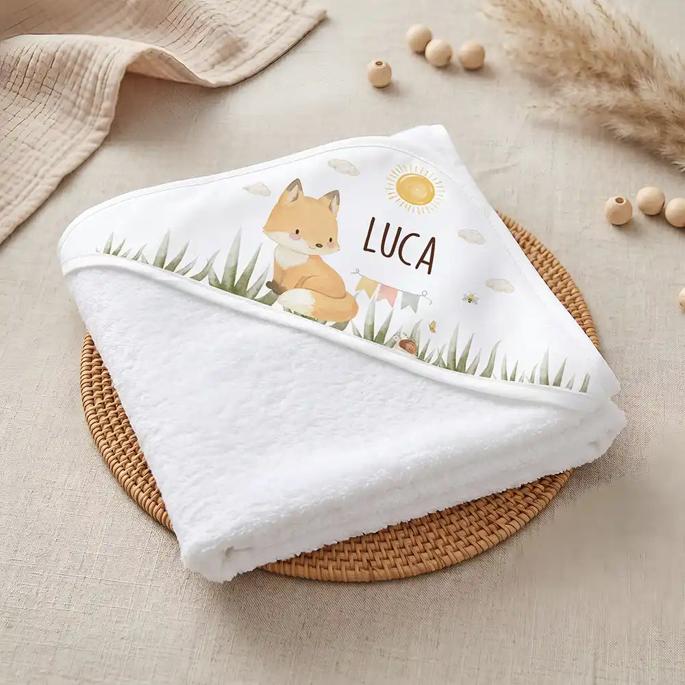 Kidsmood Familienbetrieb Hamburg â Personalisiertes Kapuzenhandtuch Baby Fuchs Wiese