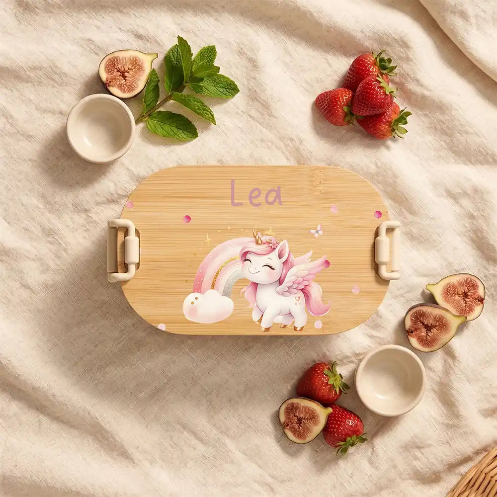 Brotdose Kinder personalisiert Einhorn Regenbogen, Brotdose beige in der Kita mit Wunschname