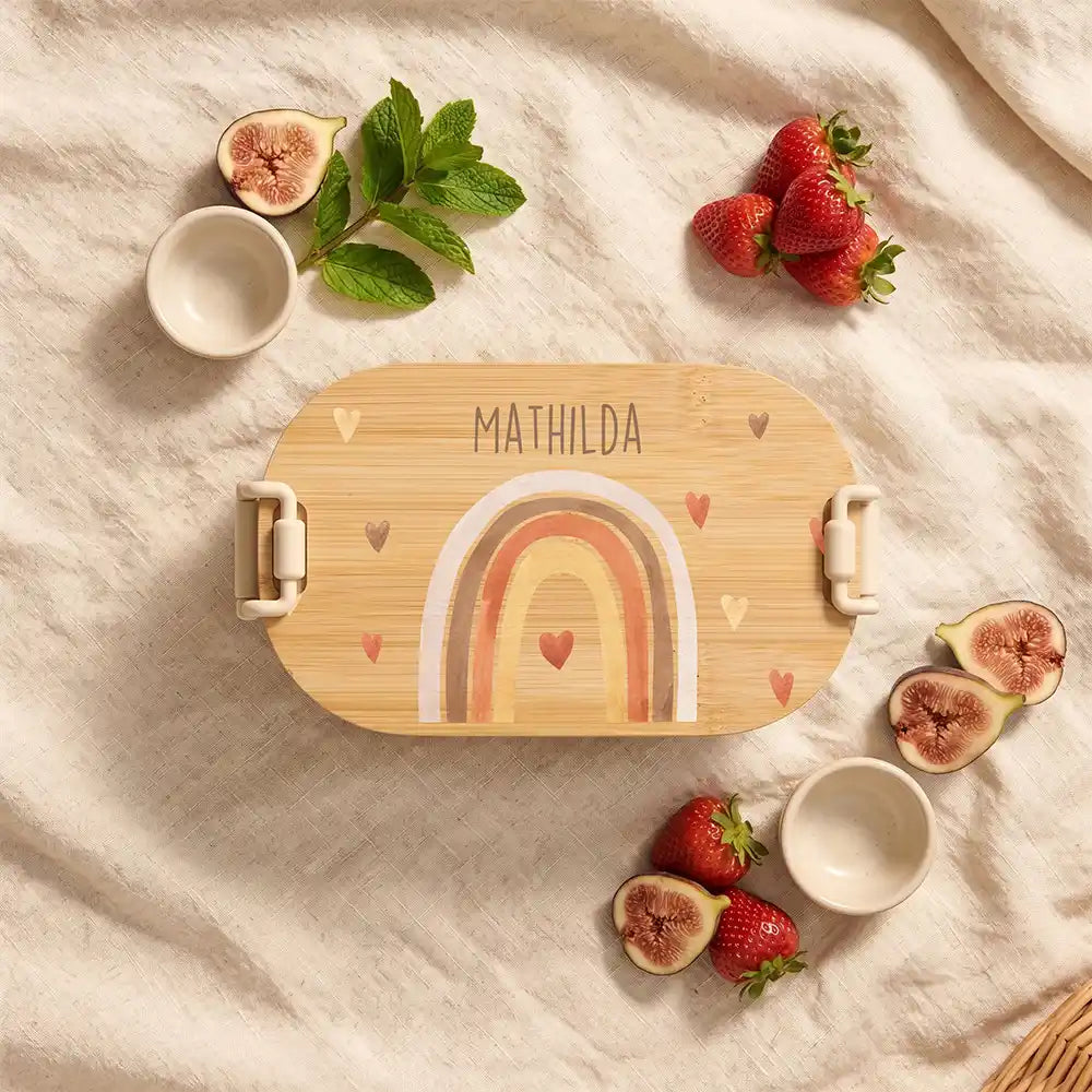 Brotdose Kinder personalisiert Boho Regenbogen, Brotdose beige in der Kita mit Wunschname