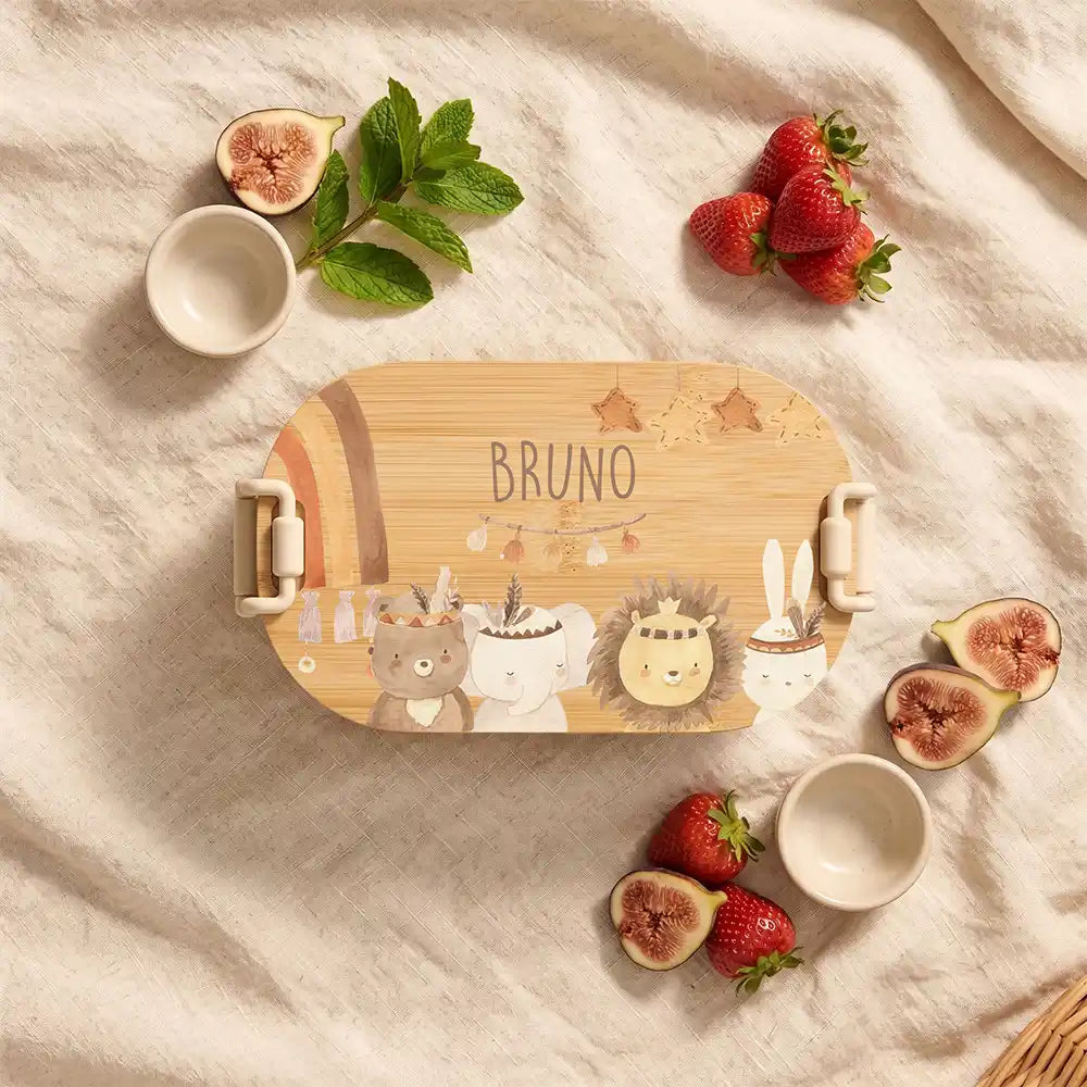 Brotdose Kinder personalisiert Safari Boho, Brotdose beige in der Kita mit Wunschname