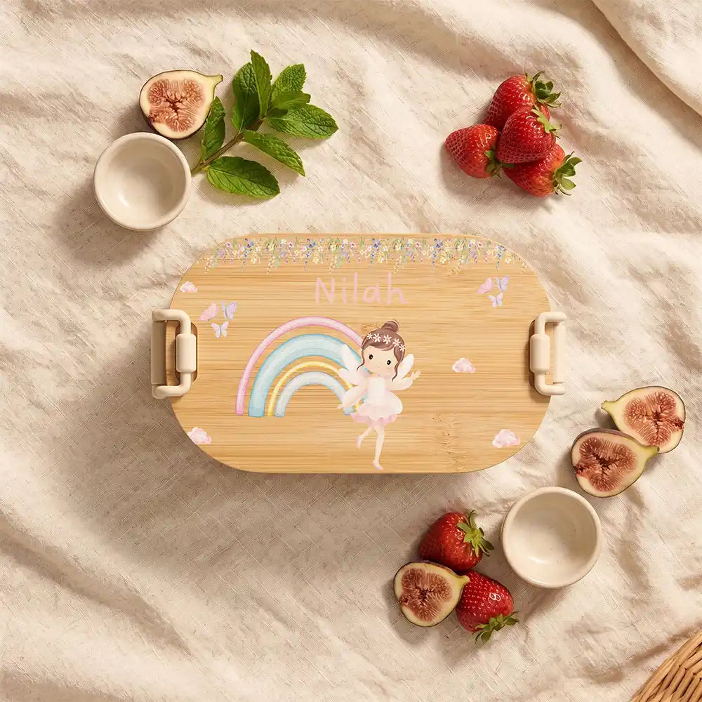 Brotdose Kinder personalisiert Ballerina Regenbogen, Brotdose beige in der Kita mit Wunschname