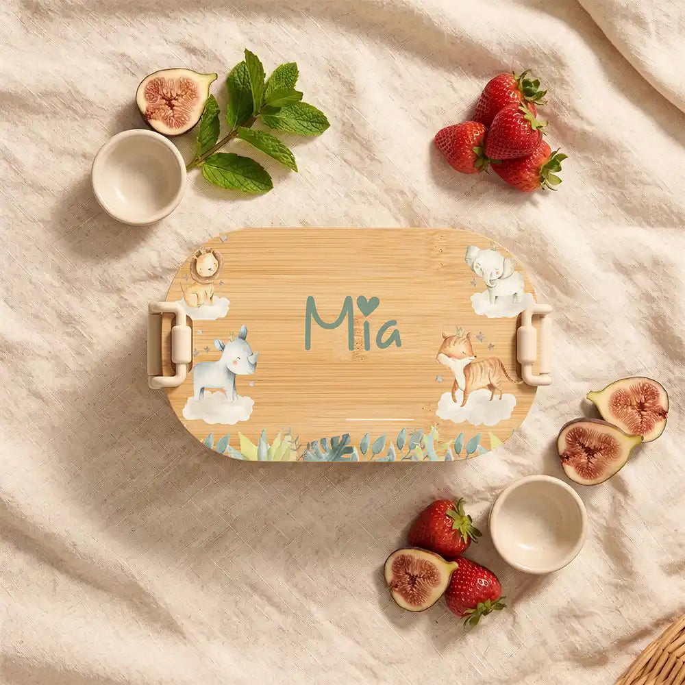 Brotdose Kinder personalisiert Safari Tiere, Brotdose beige in der Kita mit Wunschname