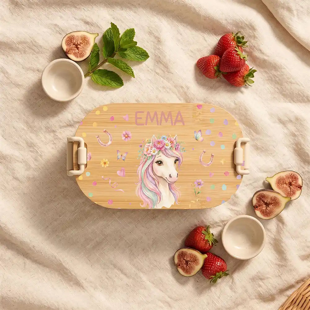 Brotdose Kinder personalisiert Einhorn Blumenkranz, Brotdose beige in der Kita mit Wunschname