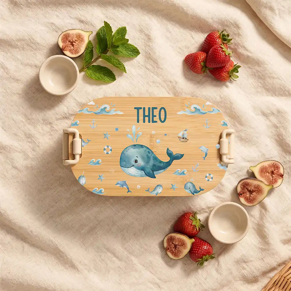 Brotdose Kinder personalisiert Wal und Delfin, Brotdose beige in der Kita mit Wunschname