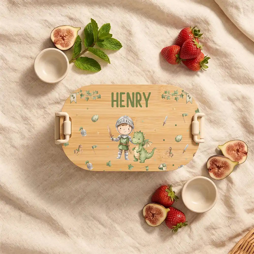 Brotdose Kinder personalisiert Ritter mit Drache, Brotdose beige in der Kita mit Wunschname
