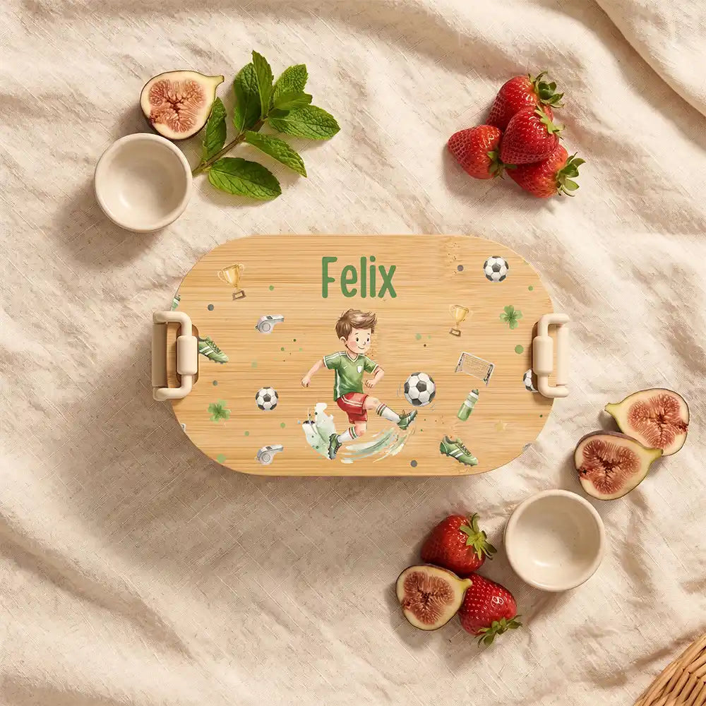 Brotdose Kinder personalisiert Fußballer, Brotdose beige in der Kita mit Wunschname