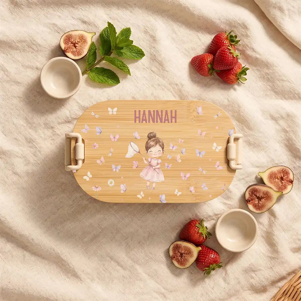 Brotdose Kinder personalisiert Mädchen Schmetterlinge, Brotdose beige in der Kita mit Wunschname