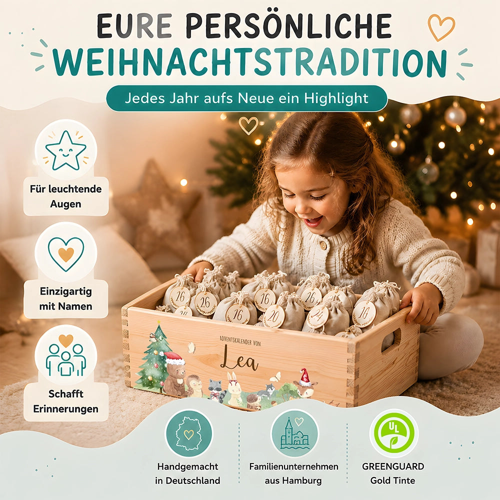 Adventskalender zum Befüllen "Weihnachten mit winterlichen Tierfreunden" personalisiert