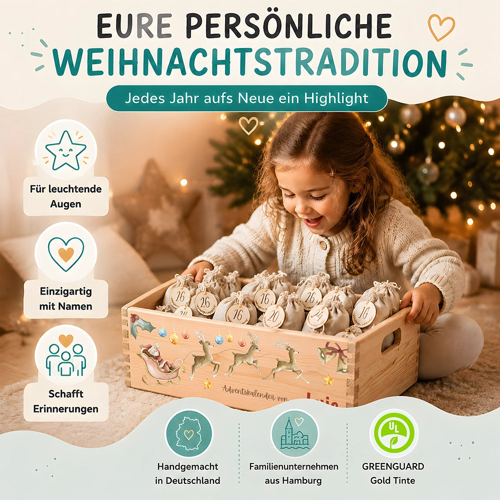 Personalisierter Adventskalender zum Befüllen - Rentier mit Schlitten