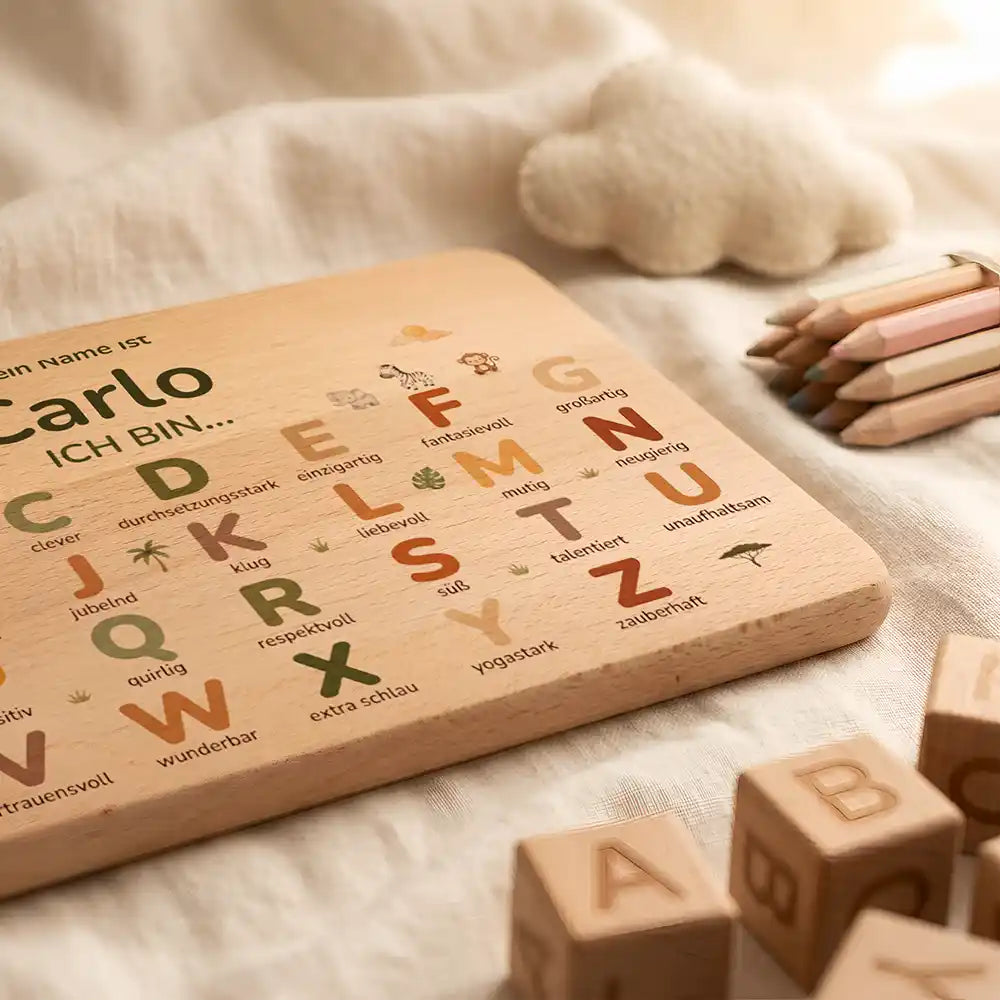 ABC Brettchen Kinder personalisiert Sterne klassisch – Buchstaben-Würfel Nahaufnahme